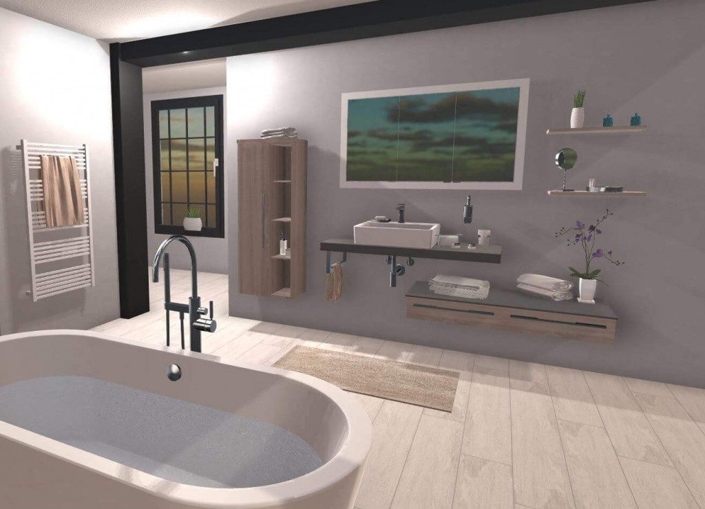 3D-Badplanung mit freistehender Wanne und Doppelwaschtisch